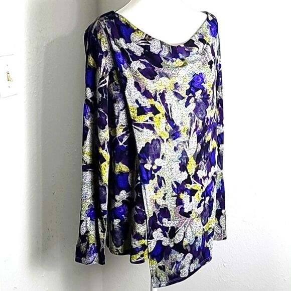 Simply Vera Asyemetrical Top, Cowl Neck,Floral,Gray, Purple & Yellow, Size Large - Picture 2 of 9